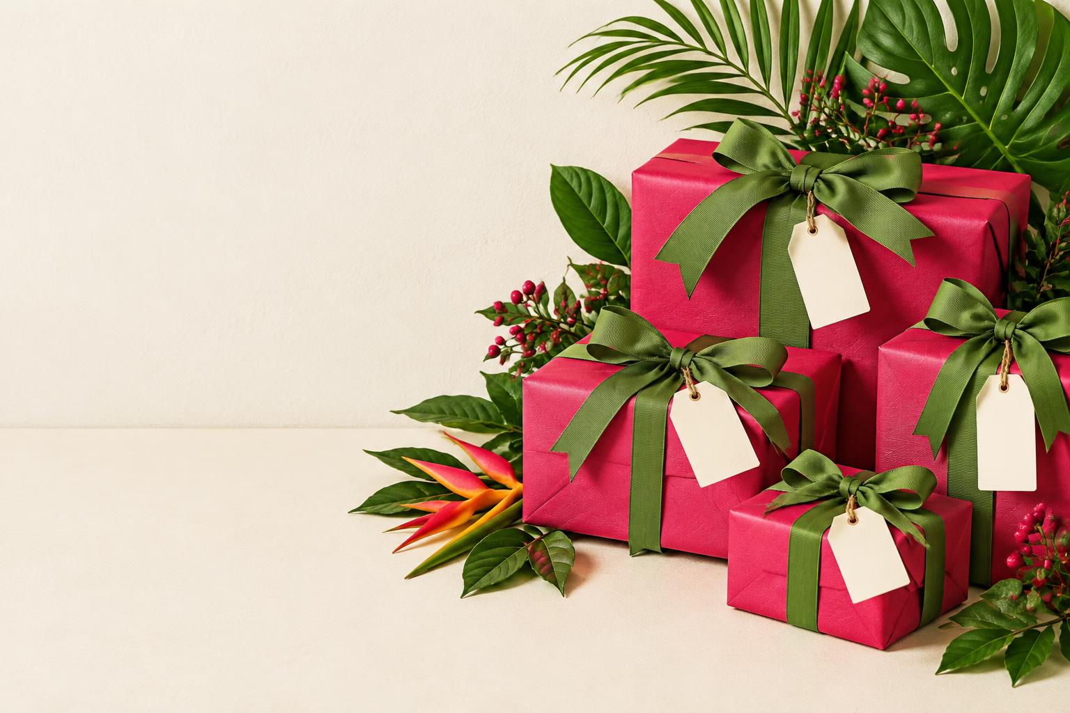 Presentes de Natal em papel goiaba com laços verdes e folhagem tropical